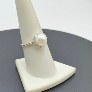 NVC 925 Sterling Silver Round White 9mm Pearl Halo CZ Ring Sz 8.25